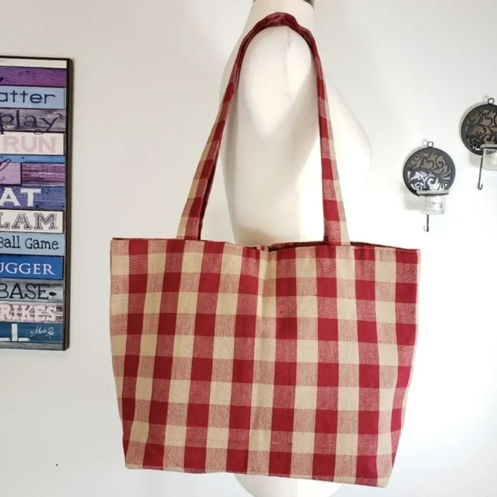 Vintage Handmade Gingham Patchwork Christmas Holiday Shoulder Tote Bag - Picture 6 of 8
